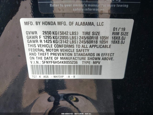 Auction sale of the 2019 Honda Pilot Ex-l, vin: 5FNYF6H54KB055236, lot number: 45852102