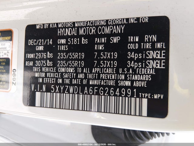 Aukcja sprzedaży 2015 Hyundai Santa Fe Sport 2.0l Turbo, vin: 5XYZWDLA6FG264991, numer aukcji: 45852104