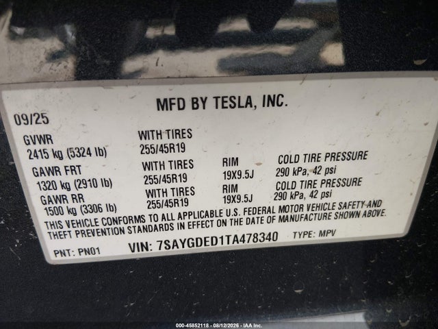 Продаж на аукціоні авто 2026 Tesla Model Y Premium/rear-wheel Drive, vin: 7SAYGDED1TA478340, номер лоту: 45852118