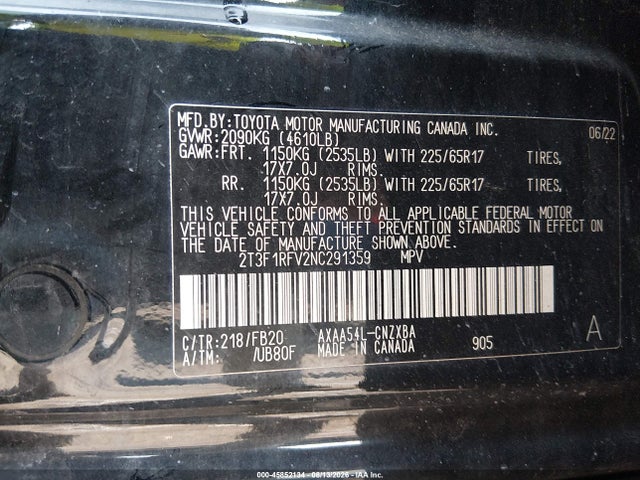45852134 :رقم المزاد ، 2T3F1RFV2NC291359 vin ، 2022 Toyota Rav4 Le مزاد بيع