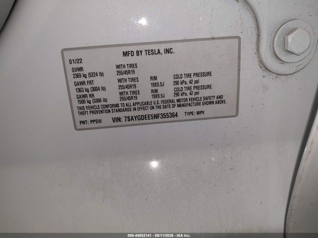45852141 :رقم المزاد ، 7SAYGDEE5NF355364 vin ، 2022 Tesla Model Y Long Range Dual Motor All-wheel Drive مزاد بيع
