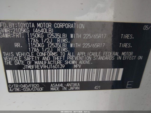 45852144 :رقم المزاد ، JTMBFREV9HJ160139 vin ، 2017 Toyota Rav4 Le مزاد بيع