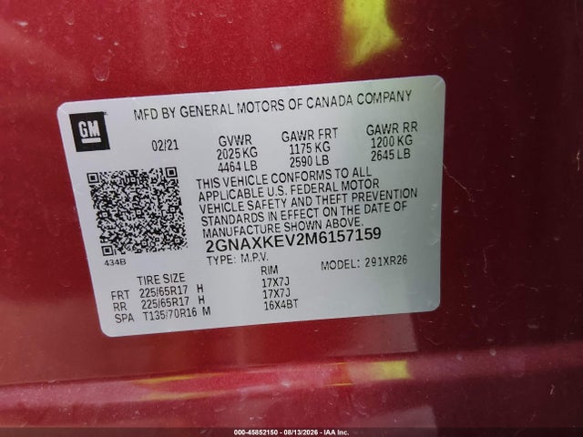 Продаж на аукціоні авто 2021 Chevrolet Equinox Fwd Lt, vin: 2GNAXKEV2M6157159, номер лоту: 45852150