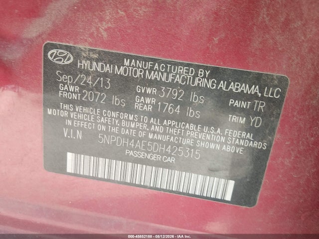 2013 Hyundai Elantra Limited მანქანა იყიდება აუქციონზე, vin: 5NPDH4AE5DH425315, აუქციონის ნომერი: 45852188