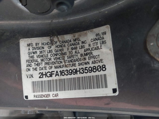 45852191 :رقم المزاد ، 2HGFA16399H359808 vin ، 2009 Honda Civic Vp مزاد بيع