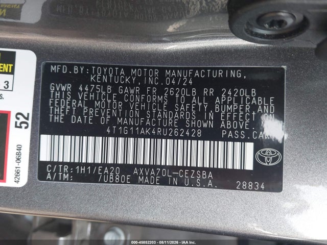 2024 Toyota Camry Se მანქანა იყიდება აუქციონზე, vin: 4T1G11AK4RU262428, აუქციონის ნომერი: 45852203