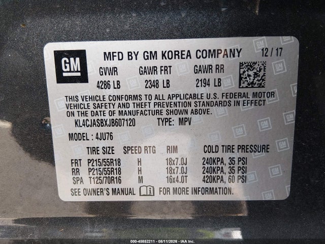 2018 Buick Encore Preferred მანქანა იყიდება აუქციონზე, vin: KL4CJASBXJB607120, აუქციონის ნომერი: 45852211