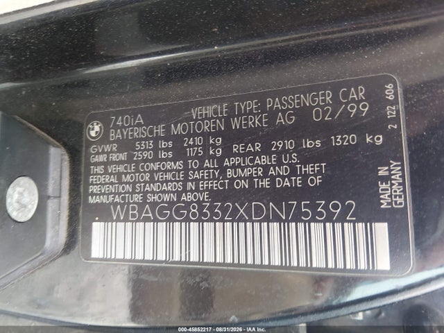 45852217 :رقم المزاد ، WBAGG8332XDN75392 vin ، 1999 Bmw 740ia مزاد بيع