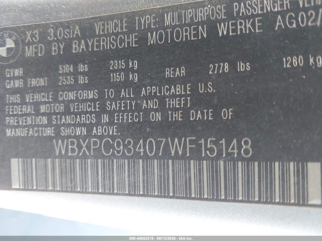 Продаж на аукціоні авто 2007 Bmw X3 3.0si, vin: WBXPC93407WF15148, номер лоту: 45852219