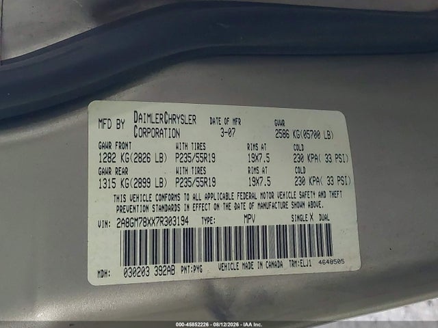 Aukcja sprzedaży 2007 Chrysler Pacifica Limited, vin: 2A8GM78XX7R303194, numer aukcji: 45852226