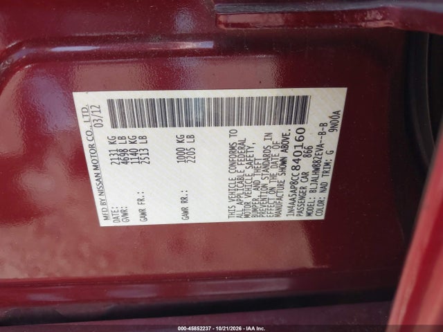 45852237 :رقم المزاد ، 1N4AA5AP8CC840160 vin ، 2012 Nissan Maxima 3.5 Sv مزاد بيع