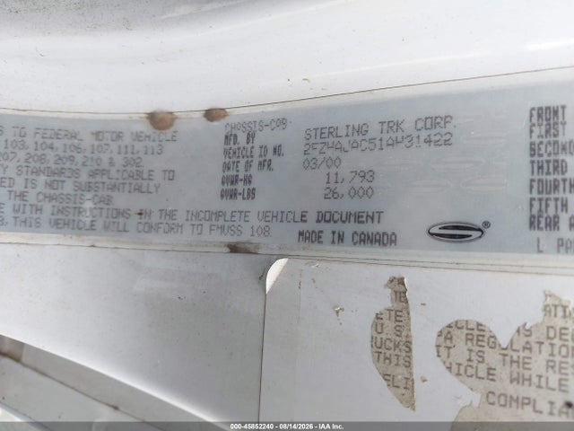 2001 Sterling Truck M 9501 მანქანა იყიდება აუქციონზე, vin: 2FZHAJAC51AH31422, აუქციონის ნომერი: 45852240