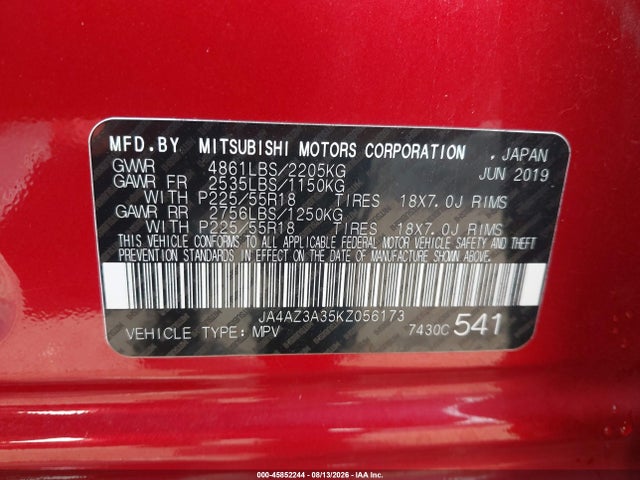 2019 Mitsubishi Outlander Es მანქანა იყიდება აუქციონზე, vin: JA4AZ3A35KZ056173, აუქციონის ნომერი: 45852244