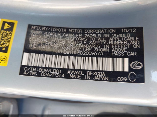 Продаж на аукціоні авто 2013 Lexus Es 300h, vin: JTHBW1GG5D2009673, номер лоту: 45852251