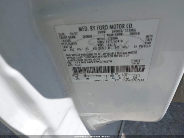 Aukcja sprzedaży 2007 Ford F-150 Xlt, vin: 1FTRW14W17KC70279, numer aukcji: 45852253