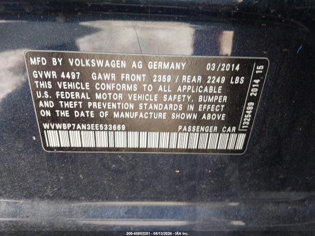 45852281 :رقم المزاد ، WVWBP7AN3EE533669 vin ، 2014 Volkswagen Cc 2.0t R-line مزاد بيع