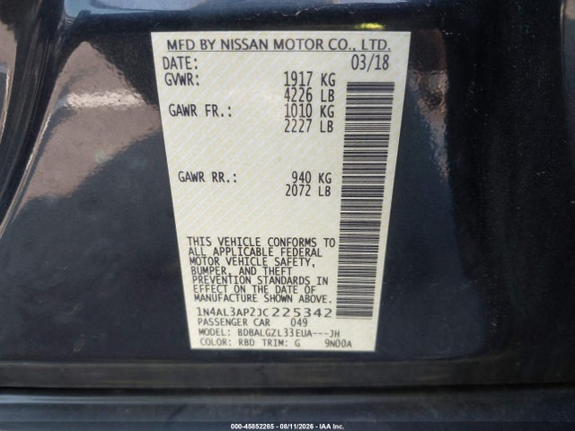 2018 Nissan Altima 2.5 S მანქანა იყიდება აუქციონზე, vin: 1N4AL3AP2JC225342, აუქციონის ნომერი: 45852285