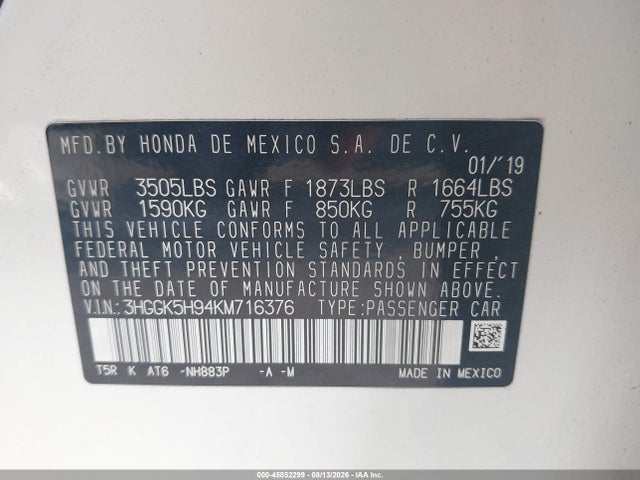 2019 Honda Fit Ex-l მანქანა იყიდება აუქციონზე, vin: 3HGGK5H94KM716376, აუქციონის ნომერი: 45852299