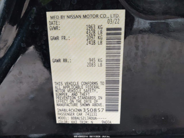 2022 Nissan Altima Sr Fwd მანქანა იყიდება აუქციონზე, vin: 1N4BL4CV2NN350857, აუქციონის ნომერი: 45852314