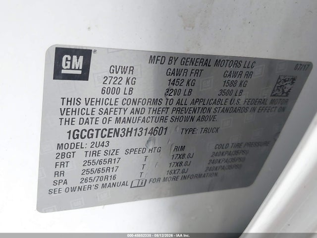 Продажа на аукционе авто 2017 Chevrolet Colorado 4wd Lt, vin: 1GCGTCEN3H1314601, номер лота: 45852335