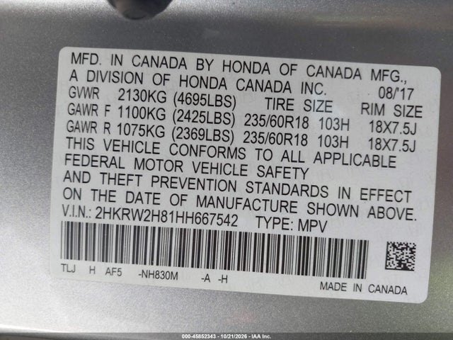 Aukcja sprzedaży 2017 Honda Cr-v Ex-l/ex-l Navi, vin: 2HKRW2H81HH667542, numer aukcji: 45852343
