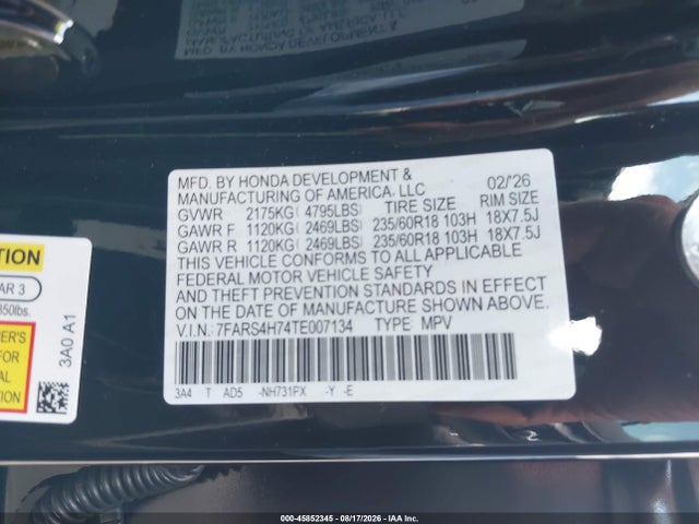 2026 Honda Cr-v Ex-l Awd მანქანა იყიდება აუქციონზე, vin: 7FARS4H74TE007134, აუქციონის ნომერი: 45852345