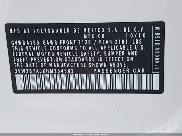 Aukcja sprzedaży 2017 Volkswagen Jetta 1.4t S, vin: 3VW2B7AJXHM254582, numer aukcji: 45852358
