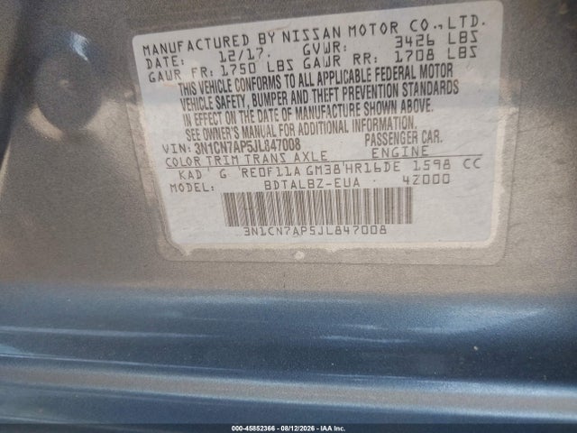 Aukcja sprzedaży 2018 Nissan Versa 1.6 Sv, vin: 3N1CN7AP5JL847008, numer aukcji: 45852366