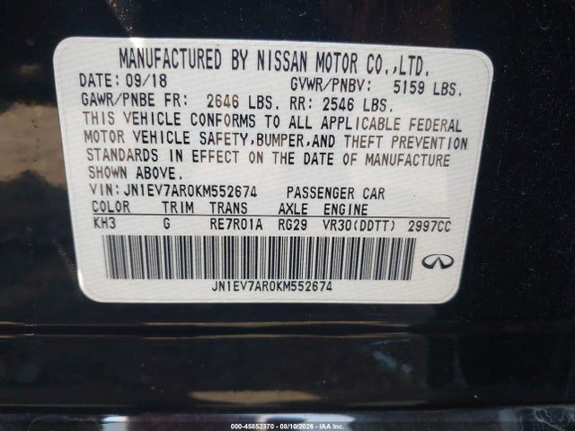 2019 Infiniti Q50 3.0t Luxe მანქანა იყიდება აუქციონზე, vin: JN1EV7AR0KM552674, აუქციონის ნომერი: 45852370