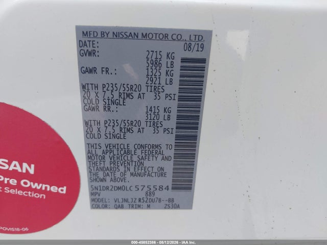 5N1DR2DM0LC575584 Nissan Pathfinder Platinum 4wd