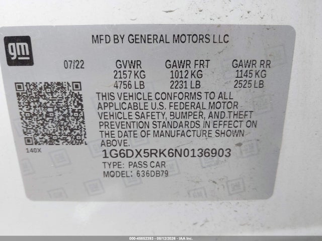 Auction sale of the 2022 Cadillac Ct5 Luxury, vin: 1G6DX5RK6N0136903, lot number: 45852393