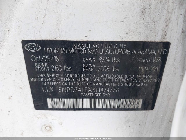 45852408 :رقم المزاد ، 5NPD74LFXKH424778 vin ، 2019 Hyundai Elantra Se مزاد بيع