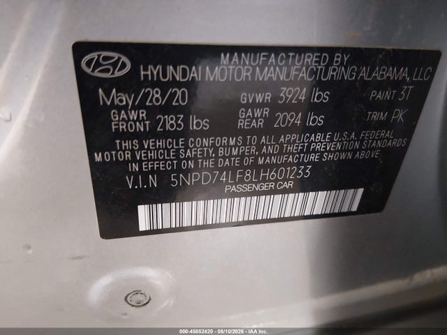 2020 Hyundai Elantra Se მანქანა იყიდება აუქციონზე, vin: 5NPD74LF8LH601233, აუქციონის ნომერი: 45852420