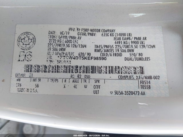 45852426 :رقم المزاد ، 1FT8W4DT5KEF98590 vin ، 2019 Ford F-450 Lariat مزاد بيع