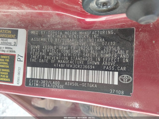 Продажа на аукционе авто 2012 Toyota Camry Xle, vin: 4T4BF1FK3CR236694, номер лота: 45852432