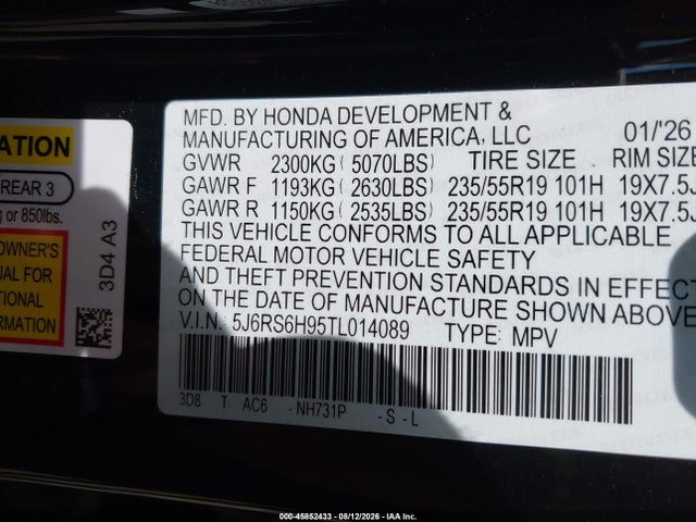 45852433 :رقم المزاد ، 5J6RS6H95TL014089 vin ، 2026 Honda Cr-v Hybrid Awd Sport Touring مزاد بيع