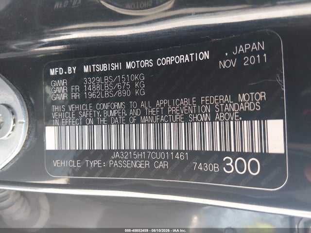 45852459 :رقم المزاد ، JA3215H17CU011461 vin ، 2012 Mitsubishi I-miev Es/se مزاد بيع