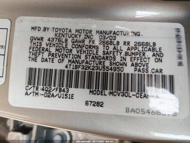 2003 Toyota Camry Le V6 მანქანა იყიდება აუქციონზე, vin: 4T1BF32K23U554950, აუქციონის ნომერი: 45852468