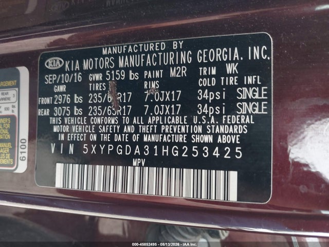 Продажа на аукционе авто 2017 Kia Sorento 2.4l Lx, vin: 5XYPGDA31HG253425, номер лота: 45852495