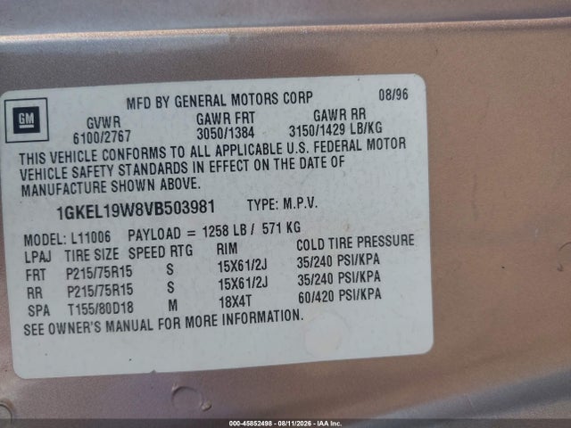 Aukcja sprzedaży 1997 Gmc Safari Passenger Slx, vin: 1GKEL19W8VB503981, numer aukcji: 45852498