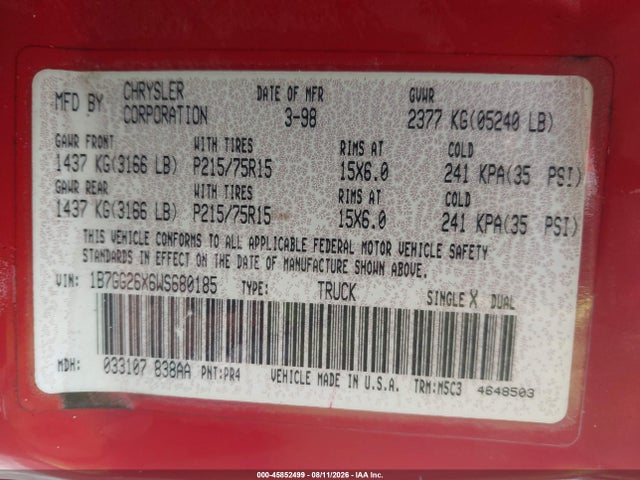 45852499 :رقم المزاد ، 1B7GG26X6WS680185 vin ، 1998 Dodge Dakota Slt/sport مزاد بيع