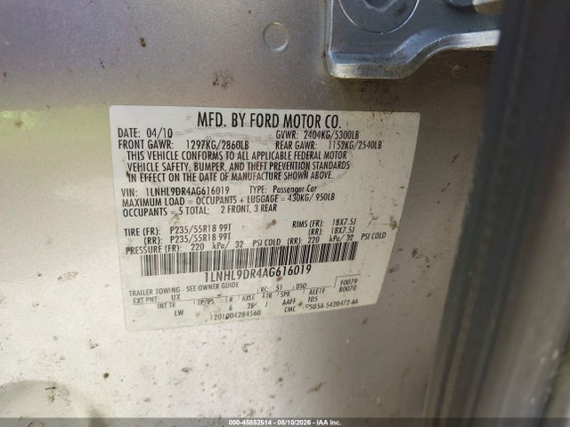 45852514 :رقم المزاد ، 1LNHL9DR4AG616019 vin ، 2010 Lincoln Mks مزاد بيع