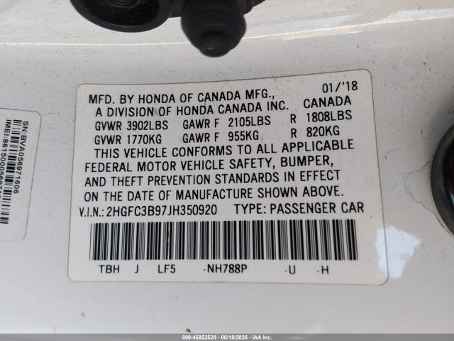 Honda Civic Touring 2018 2HGFC3B97JH350920 Image 9