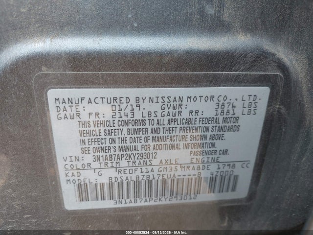3N1AB7AP2KY293012 Nissan SENTRA S