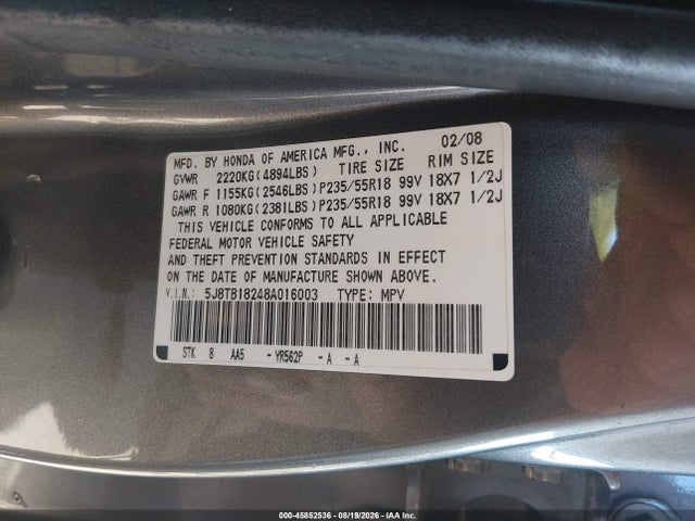 Aukcja sprzedaży 2008 Acura Rdx, vin: 5J8TB18248A016003, numer aukcji: 45852536