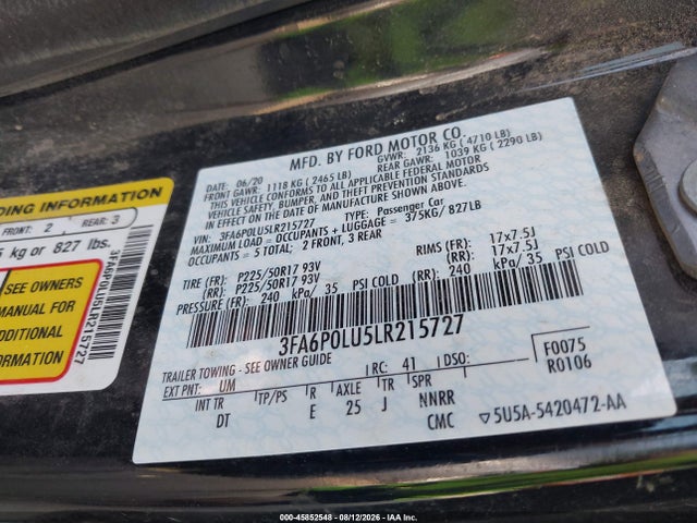 Aukcja sprzedaży 2020 Ford Fusion Hybrid Se, vin: 3FA6P0LU5LR215727, numer aukcji: 45852548