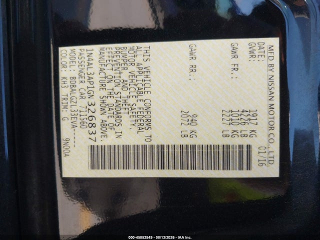 1N4AL3AP1GN326837 Nissan Altima 2.5/2.5 S/2.5 Sl/2.5 Sr/2.5 Sv