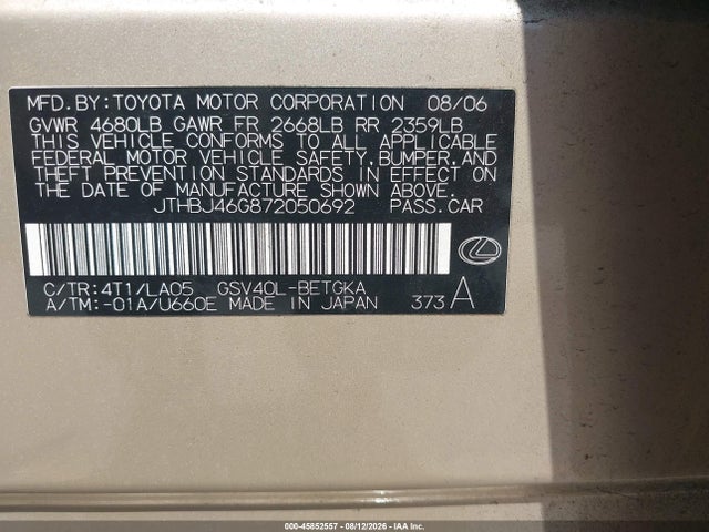 Aukcja sprzedaży 2007 Lexus Es 350, vin: JTHBJ46G872050692, numer aukcji: 45852557