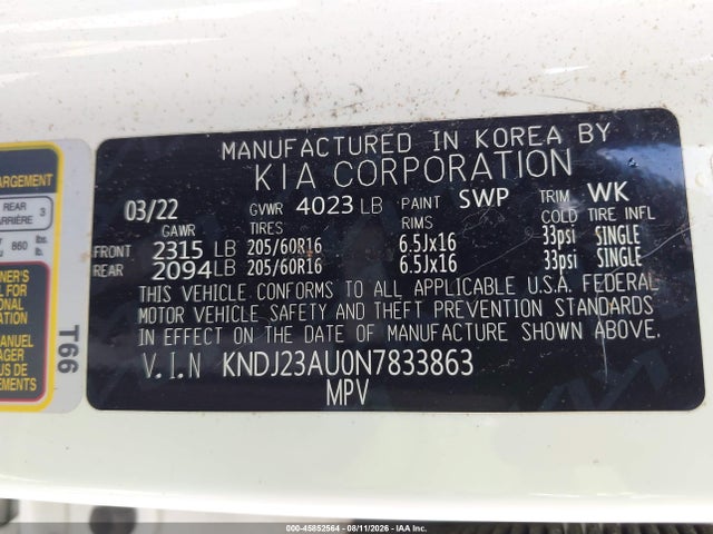 2022 Kia Soul Lx მანქანა იყიდება აუქციონზე, vin: KNDJ23AU0N7833863, აუქციონის ნომერი: 45852564