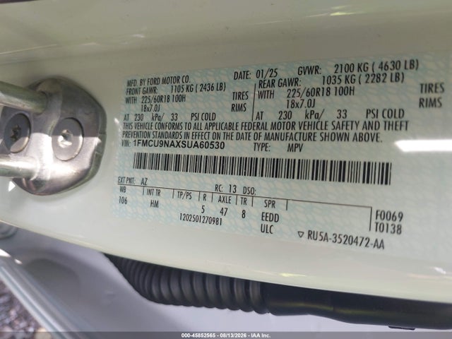 45852565 :رقم المزاد ، 1FMCU9NAXSUA60530 vin ، 2025 Ford Escape St-line Select مزاد بيع